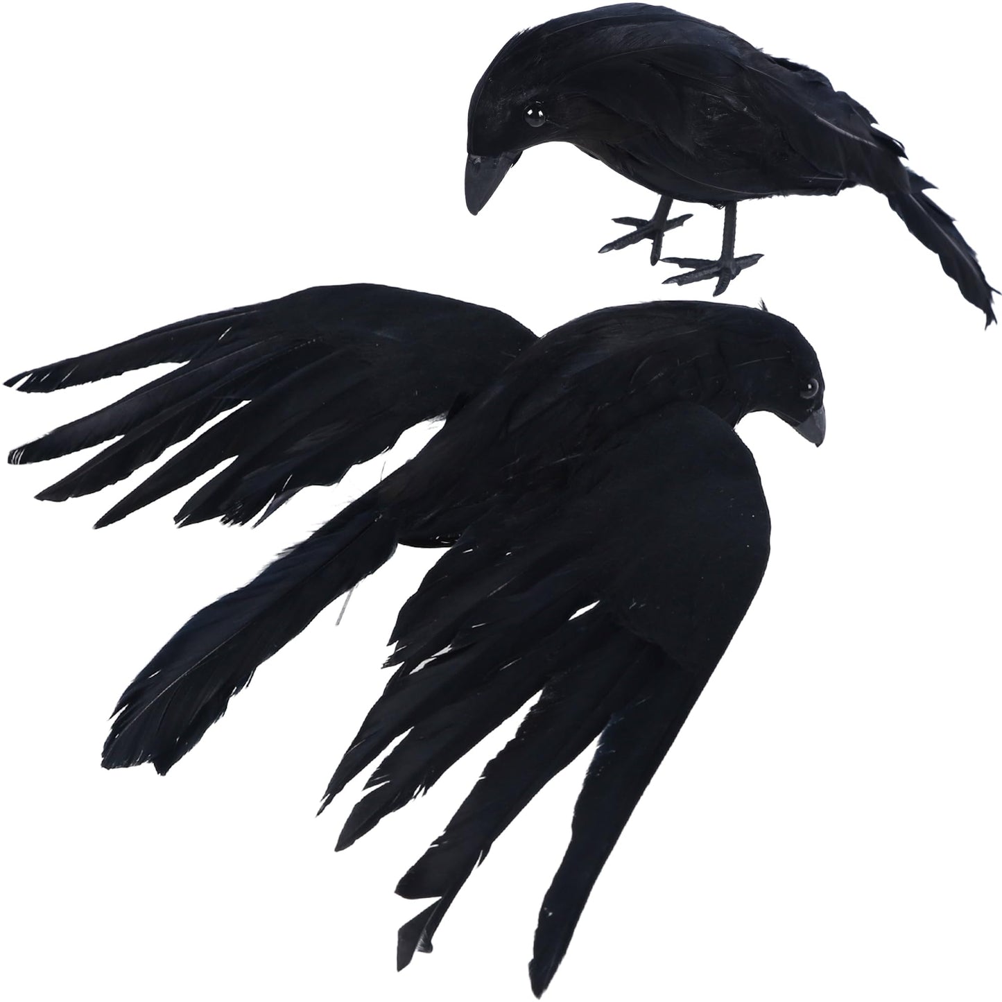 YOFIT Halloween Crows Decorations, 2 Pcs Extra Large Realistic Crows Artificial Ravens, Black Feather Birds Prop for Indoor Outdoor (17 Inch & 10 Inch)