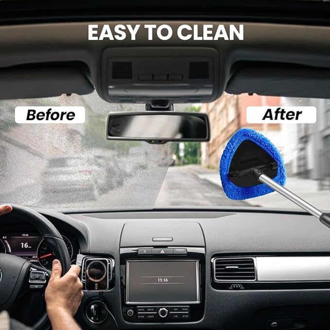 Car Windshield Cleaning Tool Set, Interior Exterior Auto Glass Cleaner Kit with Extendable Handle and 4 Reusable Microfiber Pads for Cars Trucks and Home (Orange)
