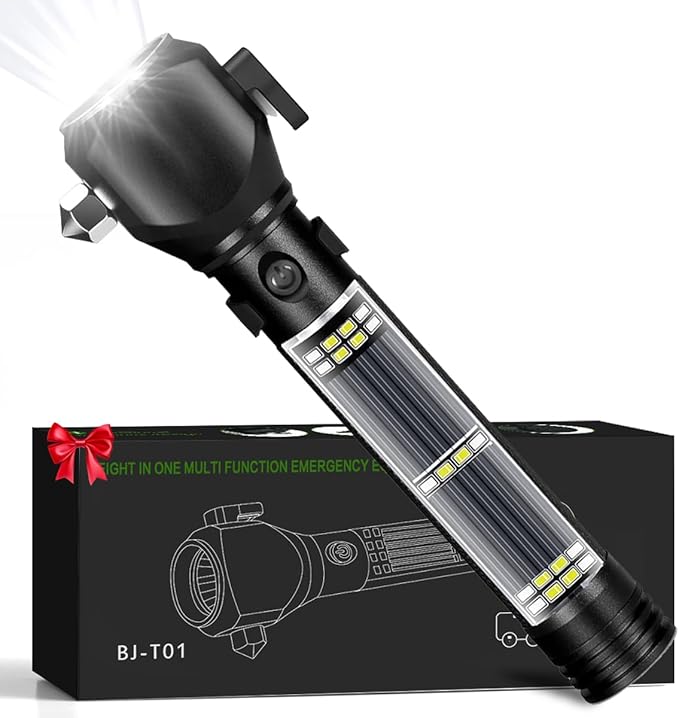 Serjur Rechargeable Solar Powered Flashlight,Multi Function LED Tactical Flashlight with Glass Breaker,Seatbelt Cutter,Ala...