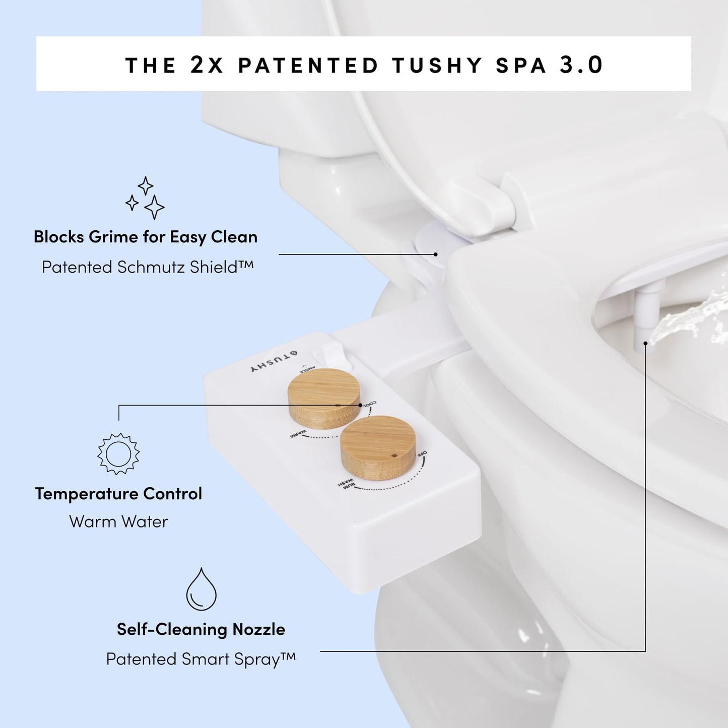 TUSHY Spa Warm Water Bidet Attachment for Toilet. Universal Fit, Easy Install (Requires Sink Access for Optional Temperature Control) Self Cleaning, Adjustable Pressure, Angle Control, Bamboo