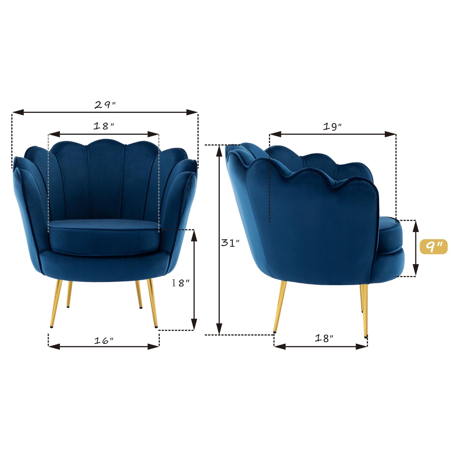DAGONHIL Mid Century Modern Upholstered Accent Chair,Retro Leisure Velvet Single Sofa with Golden Metal Legs for Living Room/Bedroom(Navy Blue)