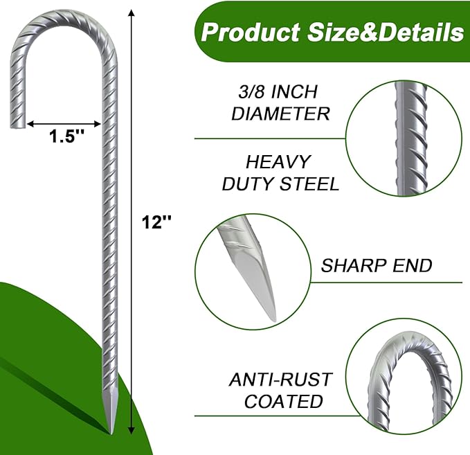 AAGUT Rebar Stakes 12 Inch J Hook Heavy Duty 12 Pack, 3/8 Inch Galvanized Metal Steel Ground Anchors Chain Link Fence Stakes for Camping Tent, Inflatables, Yard Decorations, Canopies & Swing Sets