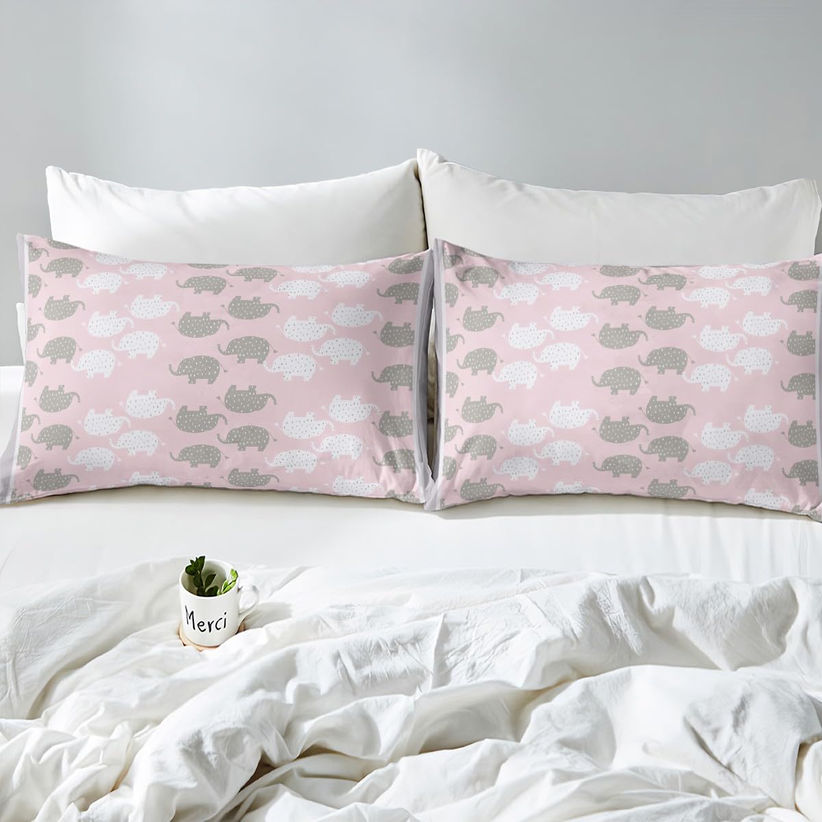 Castle Fairy Kawaii Elephant Fitted Sheet Twin Size,Cute White Gray Elephant Silhouette Soft and Luxury Sheet Set,Cartoon Pink Animals Grid Bedding All Round Elastic Pocket,for Kids Boys Room