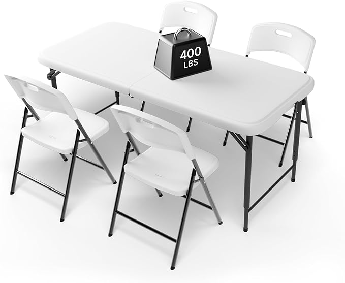 Ortus Collective 4FT Folding Table Set with 4 Folding Chairs, Heavy Duty 400 lbs Table & 600 lbs Chairs, Portable Folding ...