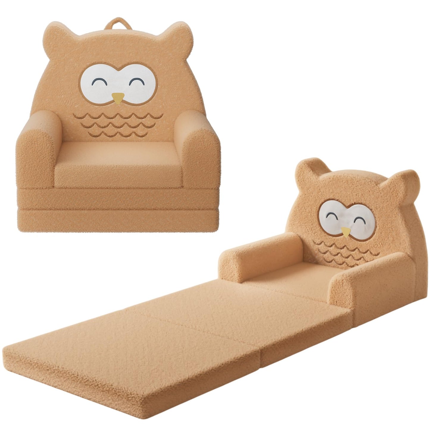 Tivellary Toddler Couch, 3-Fold Convertible Kids Couch with Cute Owl Design, Fold Out Toddler Chair for 1-3 Years Old, Soft Baby Sofa Bed for Playroom, Washable Cover