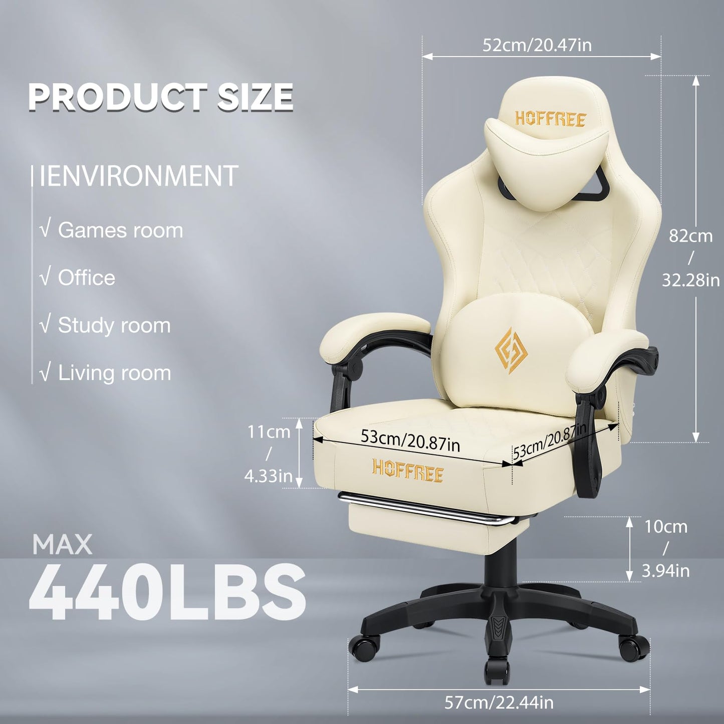HOFFREE Gaming Chair with Speakers Massage Computer Gaming Chair with Pocket Spring Cushion for Adults Reclining Gamer Chair with Bluetooth Video Game Chairs with Footrest Ivory