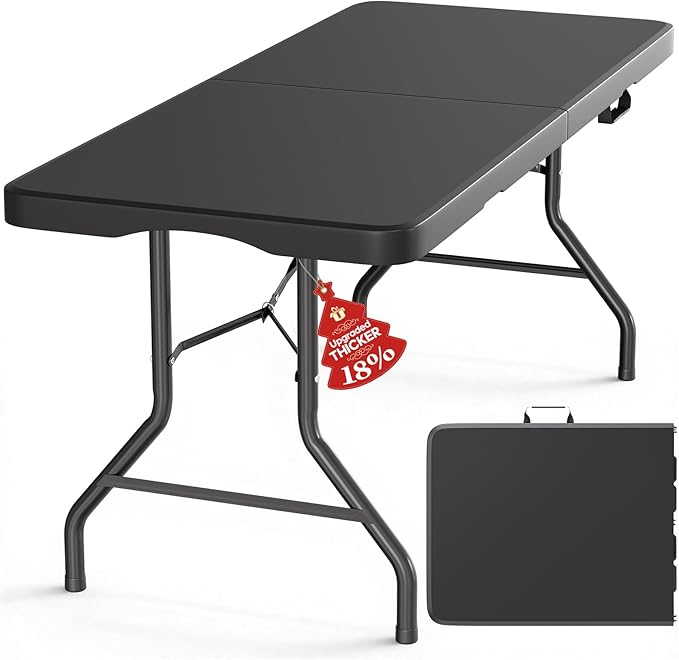 Fenbeli Upgraded 18% Thickened Folding Table 6ft Made of HDPE Plastic, Heavy Duty (25lb), Stable Thicker Legs, Dining Indoor Outdoor for Camping, Picnic and Party, Black
