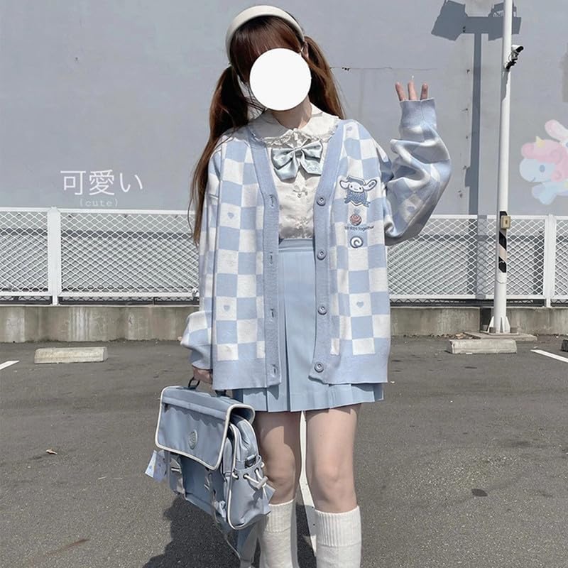 Kawaii Sweater Anime Blue Plaid Cardigan Sweaters for Women Cosplay Costume V Neck Long Sleeve Women's Button Knitted Outerwear JK Uniform S