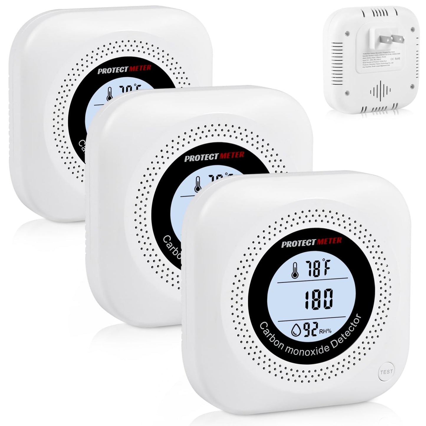 Carbon Monoxide Detectors,3 Pack 3in1 Portable Carbon Monoxide detectors Plug in Wall for Travel, CO Alarm/Monitor for Home/Hotel Room/RV with AC Socket with Temperature & Humidity Detectors