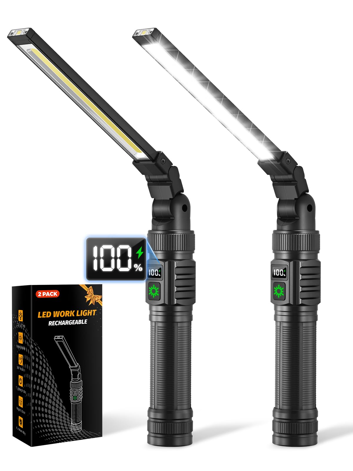 2Pack Magnetic Work Light, All Aluminum & 1500 High Lumens Rechargeable Work Light, 7 Mode & 360° Rotation Mechanic Light, Rechargeable Flashlight for Car Repairing, Valentines Day Tool Gifts for Him