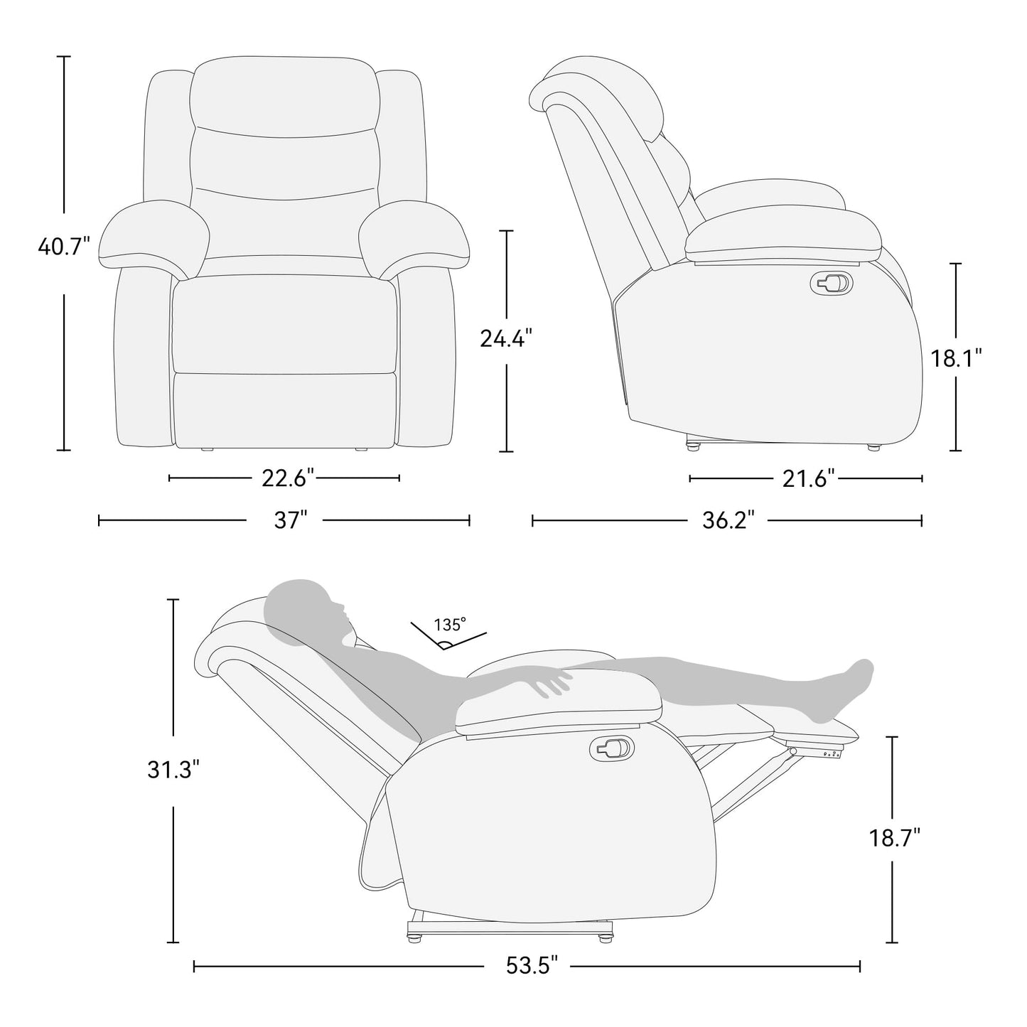 Erdoru Oversized Fabric Recliner Chair, Overstuffed Manual Recliner Chair Single Sofa with Comfortable Arm and Backrest, Comfty Home Theater Seating for Living Room, Meeting Room, Bedroom, Light Grey