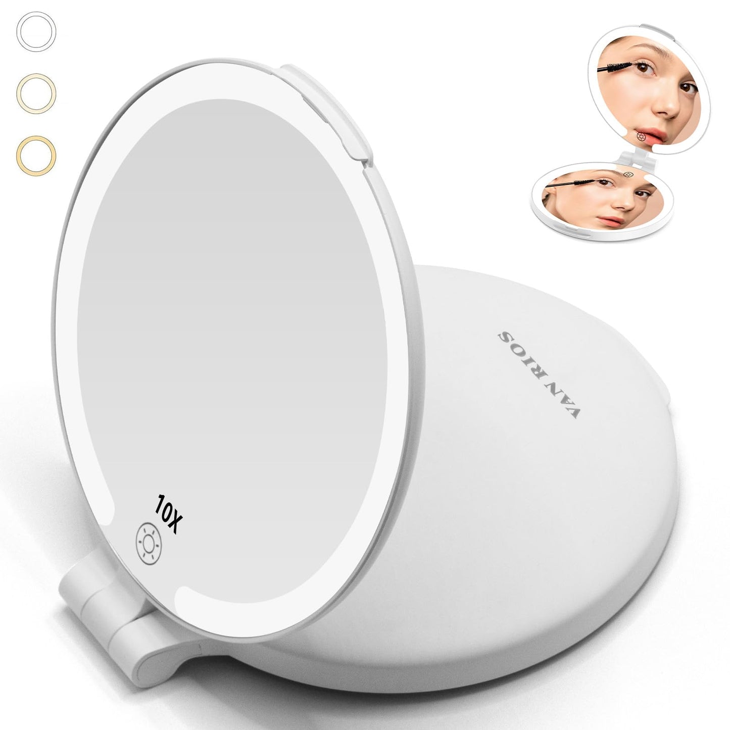 VANRIOS 96 LEDs ' Folding Rechargeable and 10x Magnification Makeup Mirror with Lights,6.3 Inch Double Sided Portable Travel Mir