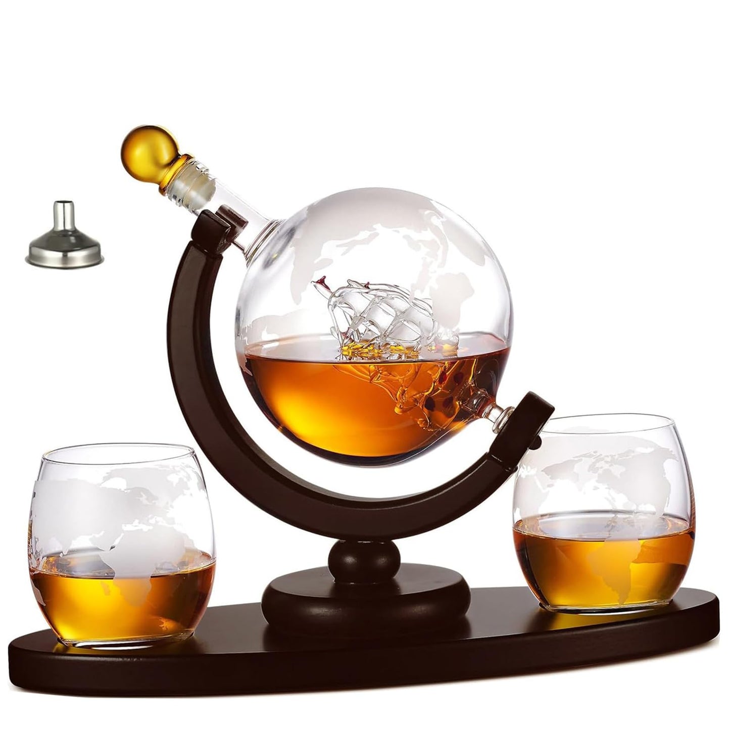 Christmas Anniversary Birthday Gifts for Dad, Whiskey Decanter Set, Globe Decanter Sets for Men, Etched World, Liquor Decanters, Wooden Base for World Map Whiskey Glasses