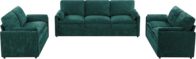 ACMEASE 3 Pieces Chenille Sofa Set w/Arm Pillows, Upholstered 2 Pieces Loveseat & 3 Seater Sofa w/Comfortable Back Cushions, Modern 2-Seat & 3-Seat w/High-Density Foam for Living Room, Teal