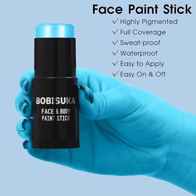 BOBISUKA Sally Halloween Makeup Kit- Light Blue Face Body Paint Stick with Red Lipstick, Black Eyeliner, Self-Adhesive Lashes, Setting Powder & Sponges Makeup Set For Avatar, Corpse Bride, Theme Party