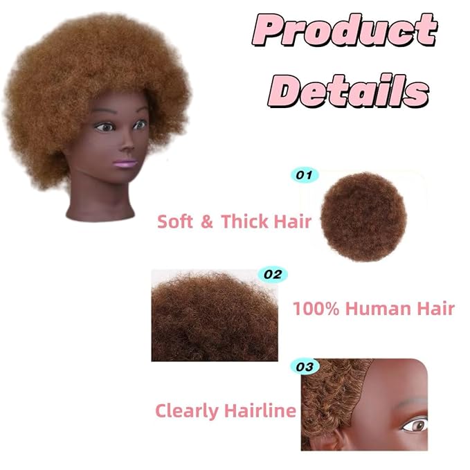 African Kinky-Curly Human Hair Mannequin Head, African Hair Mannequin Head Cosmetology Training Manikin Doll Head Black Mannequin Head for Braiding