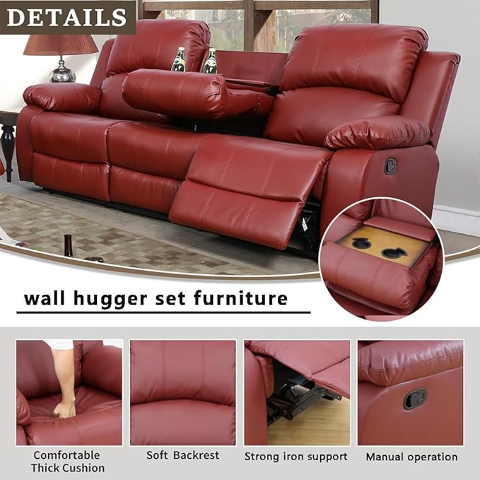 A Ainehome Living Room Furniture Set Leather Recliner Sofa Set Loveseat Chair Furniture Sofa Set for Living Room/Small Space/Rv/House/Office/Theater Seating (A-Red Leather, Sofa(3seater))