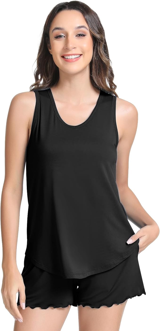 NACHILA Pajamas for Women-Viscose from Bamboo, Ribbed Racerback Tank Top Sexy Split Shorts Pajama Sets Cooling Sleep Cami Pjs