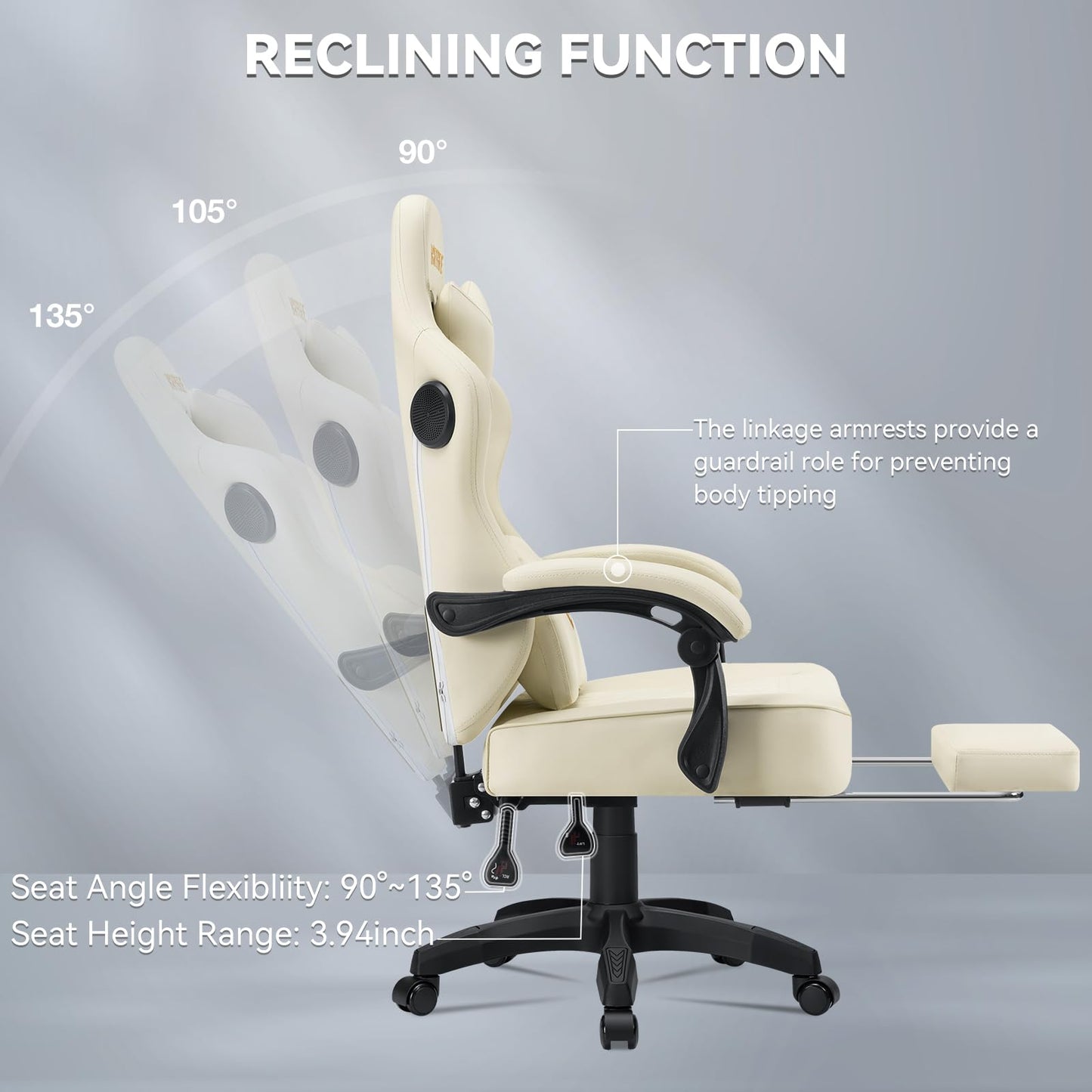HOFFREE Gaming Chair with Speakers Massage Computer Gaming Chair with Pocket Spring Cushion for Adults Reclining Gamer Chair with Bluetooth Video Game Chairs with Footrest Ivory