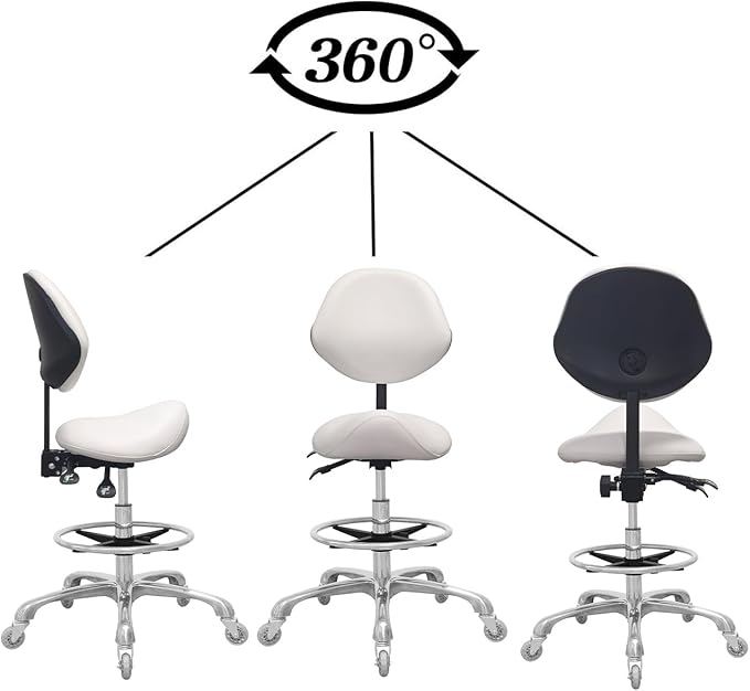Saddle Stool Chair with Back Support Footrest, Heavy-Duty(350LBS), Hydraulic Rolling Swivel Adjustable Stool Chair for Salon Spa Beauty Massage Dental Clinic Home Office Use(White)