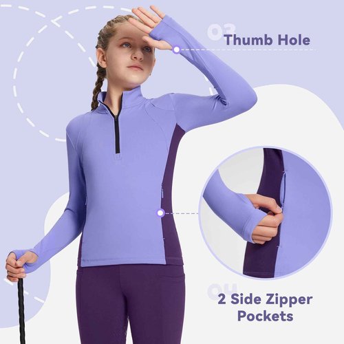 baleaf Girls Fleece Equestrian Clothing, Full Seat Riding Pants and Long Sleeve Shirts(Purple, XS)
