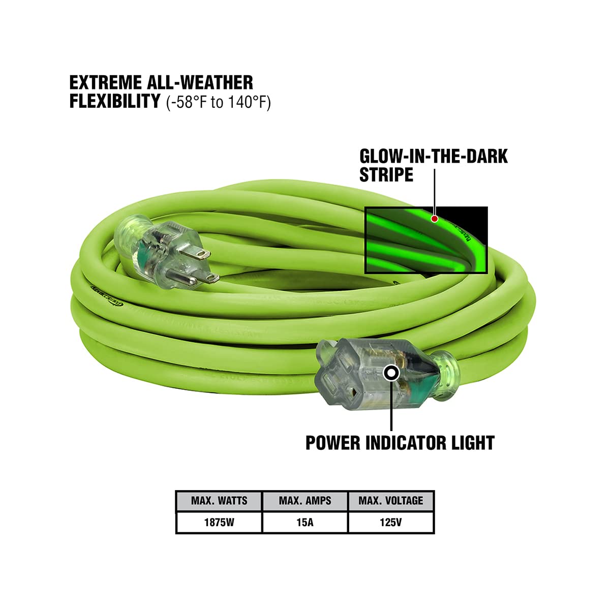 Flexzilla Pro Extension Cord, 12/3 Awg Sjtw, 25 Ft., Lighted Plug, Indoor/Outdoor, Zillagreen - Fz512825