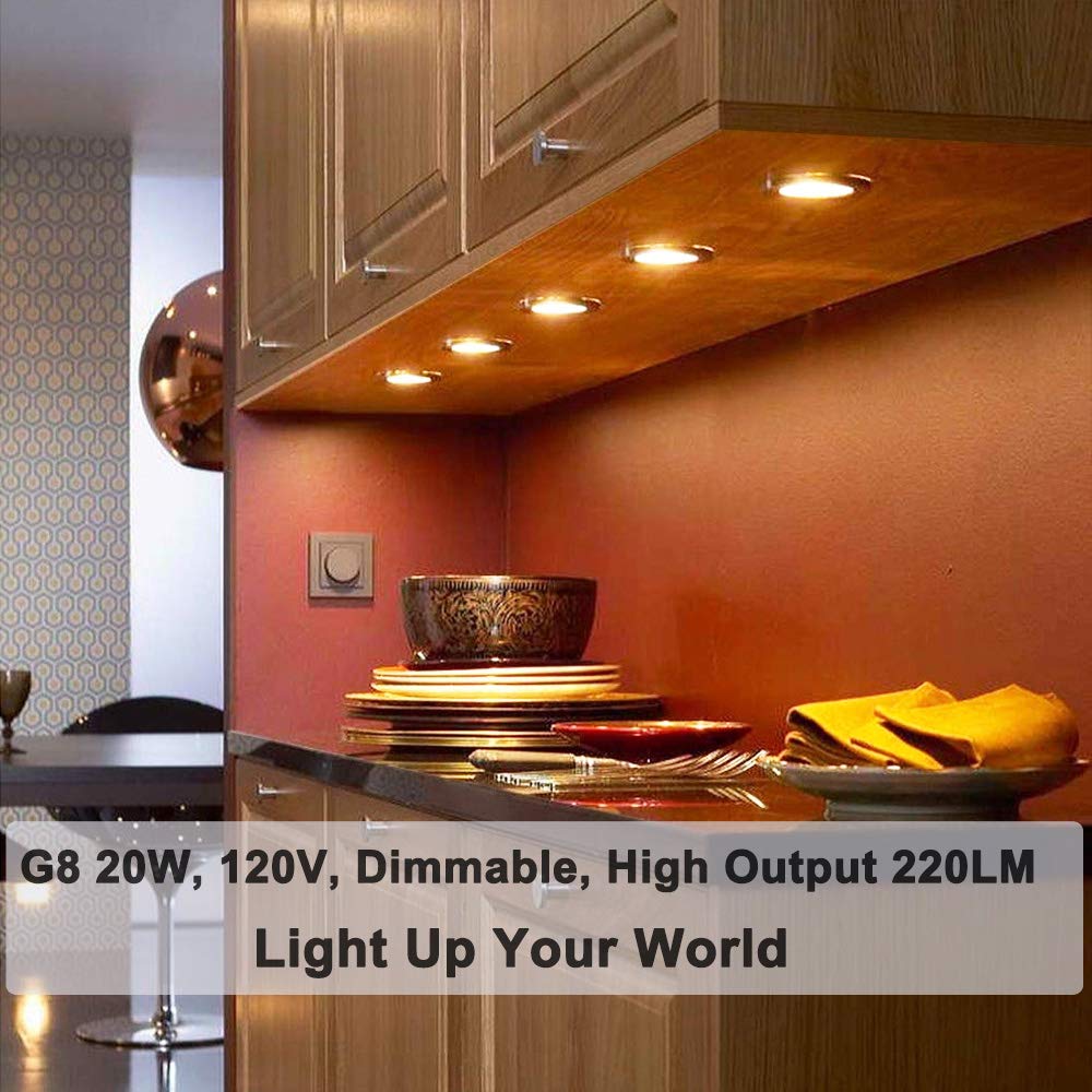 JCD 10PCS G8 Halogen Bulb 20W 120V, Bi-Pin Xenon Light Bulbs, Warm White, Dimmable, for Under Cabinet Puck Lights