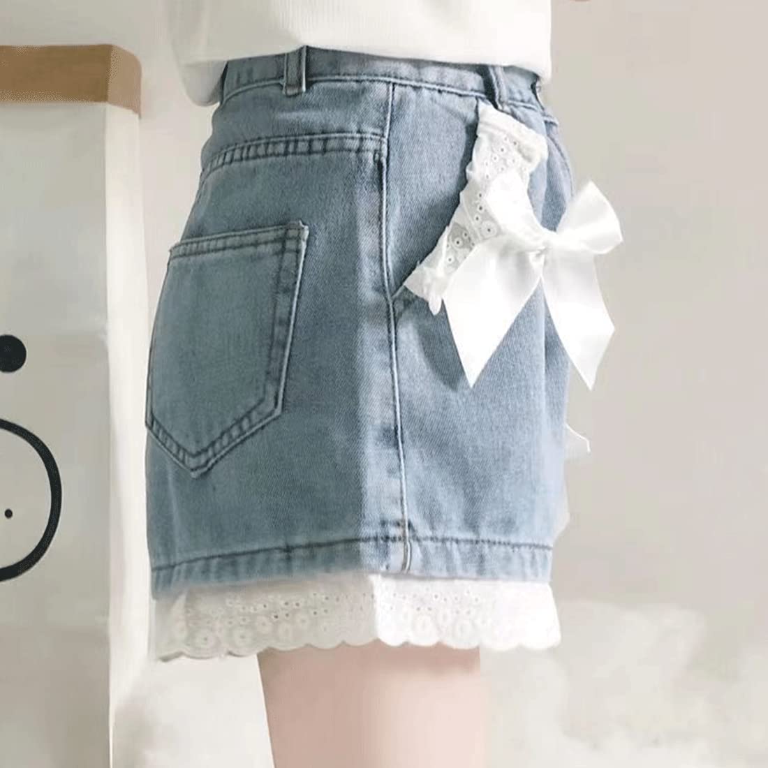 RILGOU Harajuku Y2K Style Pastel Kawaii Gothic High Waisted Straight Wide Leg Vintage Lace Knot-Bow Trim Denim Shorts S