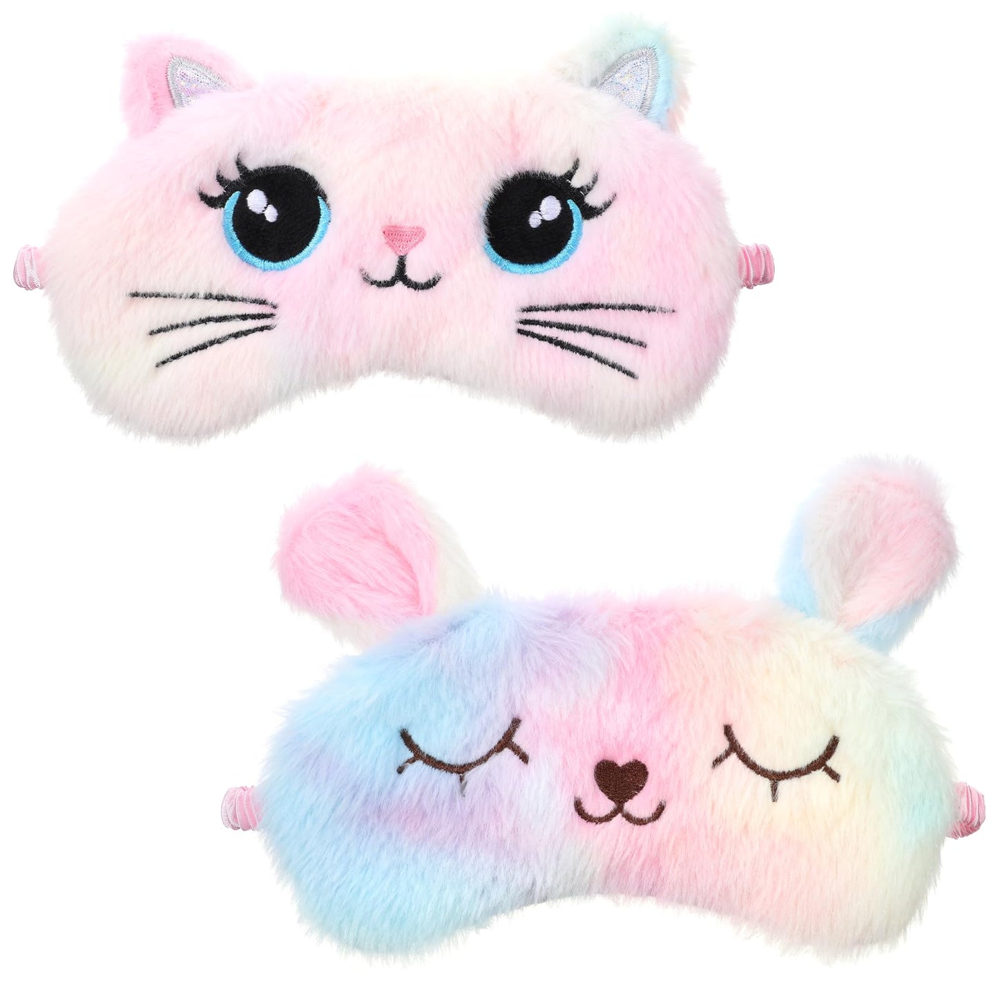 Plush Sleep Mask, 2 Pcs Cute Soft Sleeping Eye Mask Colorful Plush Eye Covers for Sleeping Comfortable Funny Animal Night Sleep Masks for Women Home Travel Sleepover Party (Cat, Rabbit)
