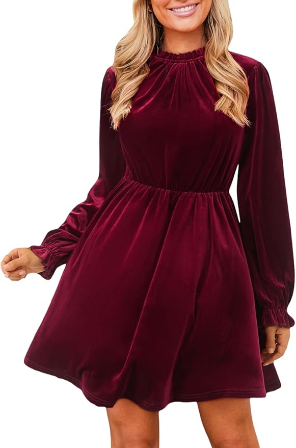 CUPSHE Women's Fall Dresses 2025 High Neck Long Sleeve Mini Party Ruffled Casual Tunic Velvet Wedding Guest Dress