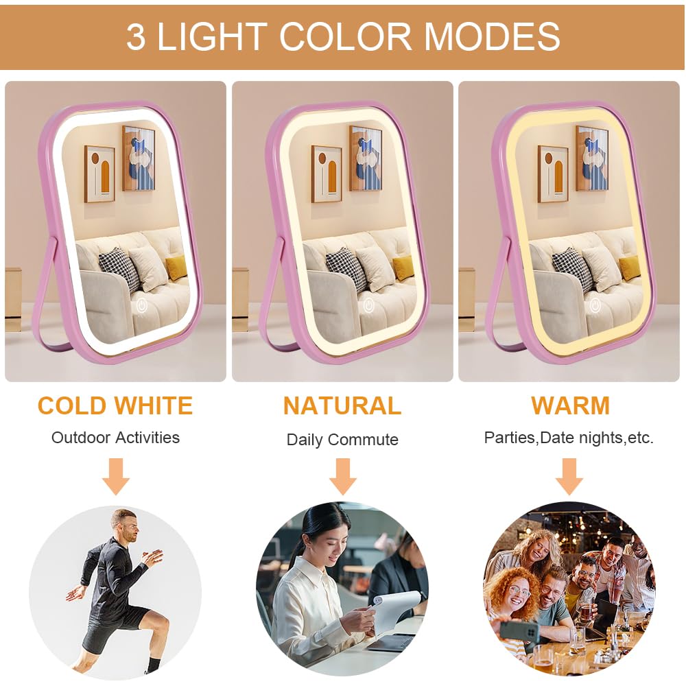 YEKKOPT Lighted Vanity Mirror, Rechargeable Travel Makeup Mirror with Lights, 8 ' 'x6 ' ' Desk Mirror with Lights,Make up Mirror