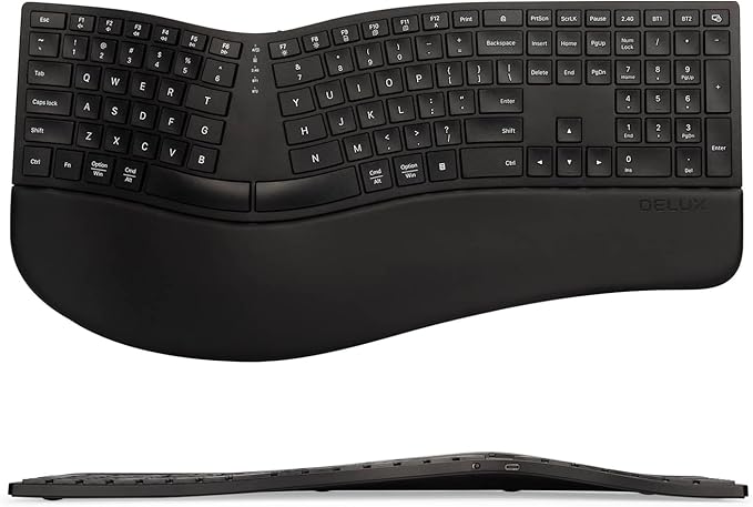 DELUX Full Size Wireless Ergonomic Keyboard,Cushioned Palm Rest, Ultra-Thin Split Ergo Keyboard, Bluetooth & 2.4G Connecti...
