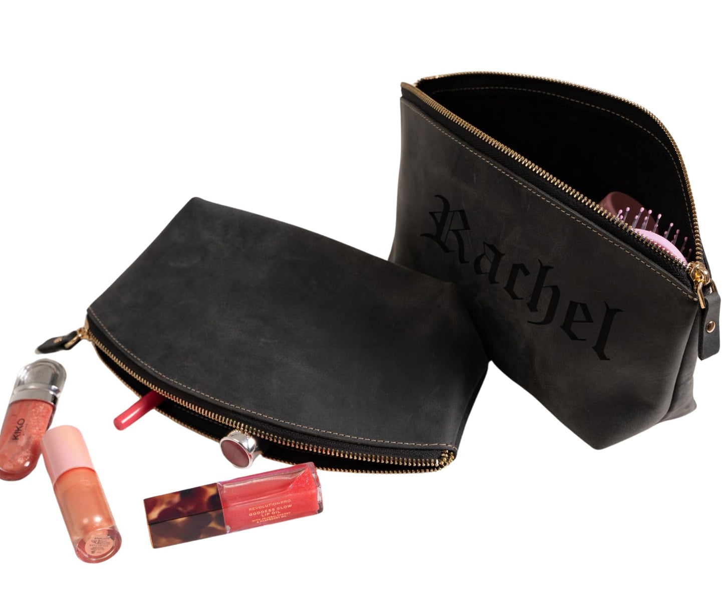 Luxury Personalized Leather Makeup Bags Crafted in USA, Full-Grain Leather Cosmetic Bag Engraved Name Initials or Logo, Birthday Anniversary Christmas Gift or Mother Gift, Italian Zipper, Make-up Purse for Women