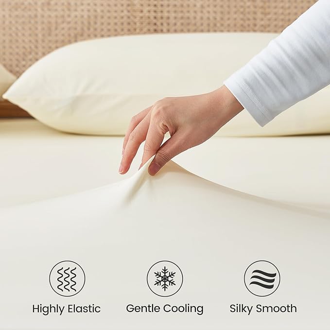 Cozy Bliss Premium Cooling Sheet Set King Size, Q-Max>0.4, 3PCS No Flat Sheet with 2 Pillowcases, Breathable Fitted Sheet for Hot Sleepers & Night Sweats, Deep Pocket Up to 18 Inches, Cream White