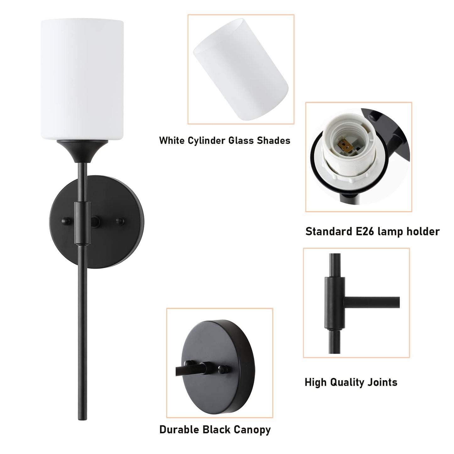 BYOLIIMA Mid Century Modern Wall Lamp 2 Pack with White Cylinder Glass Shades Matte Black Wall Sconce Bathroom Vanity Lighting Industrial Farmhouse Wall Light Fixtures for Mirror Bedroom Living Room