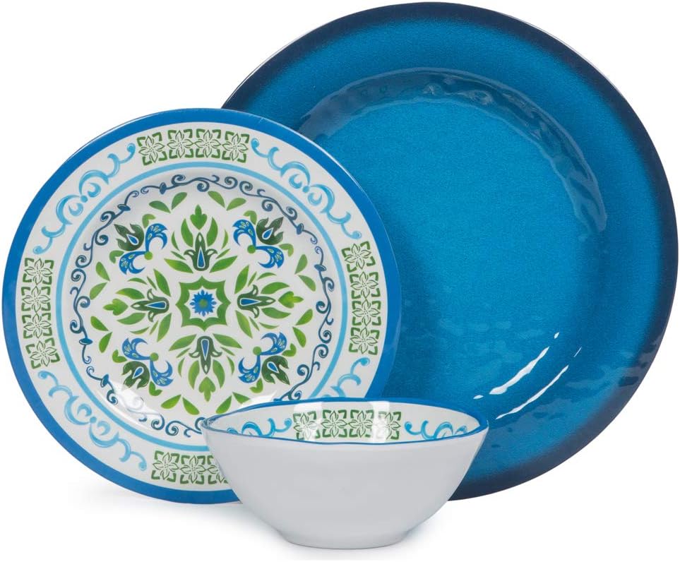 Melamine Dinnerware Sets 12 Pcs, Melamine Plates, Party Plates and Bowls Sets, Camping Dishes Set for 4, Unbreakable, BPA-Free, Dishwasher Safe （Green flowers）