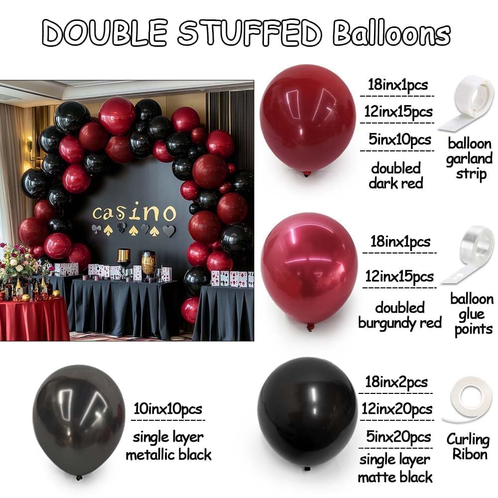 Black Red Balloon Arch Double Stuffed Black Burgundy Maroon Balloons Dark Ruby Red Metallic Balloon Garland Kit for Birthday Wedding Halloween Casino Anniversary Graduation Party Decoration