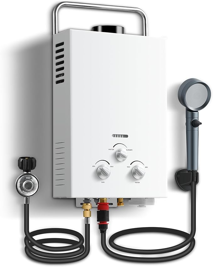 Outdoor Propane Tankless Water Heater - 6L 1.58 GPM Portable Gas Water Heater with Handle & Overheating Protection, Instan...