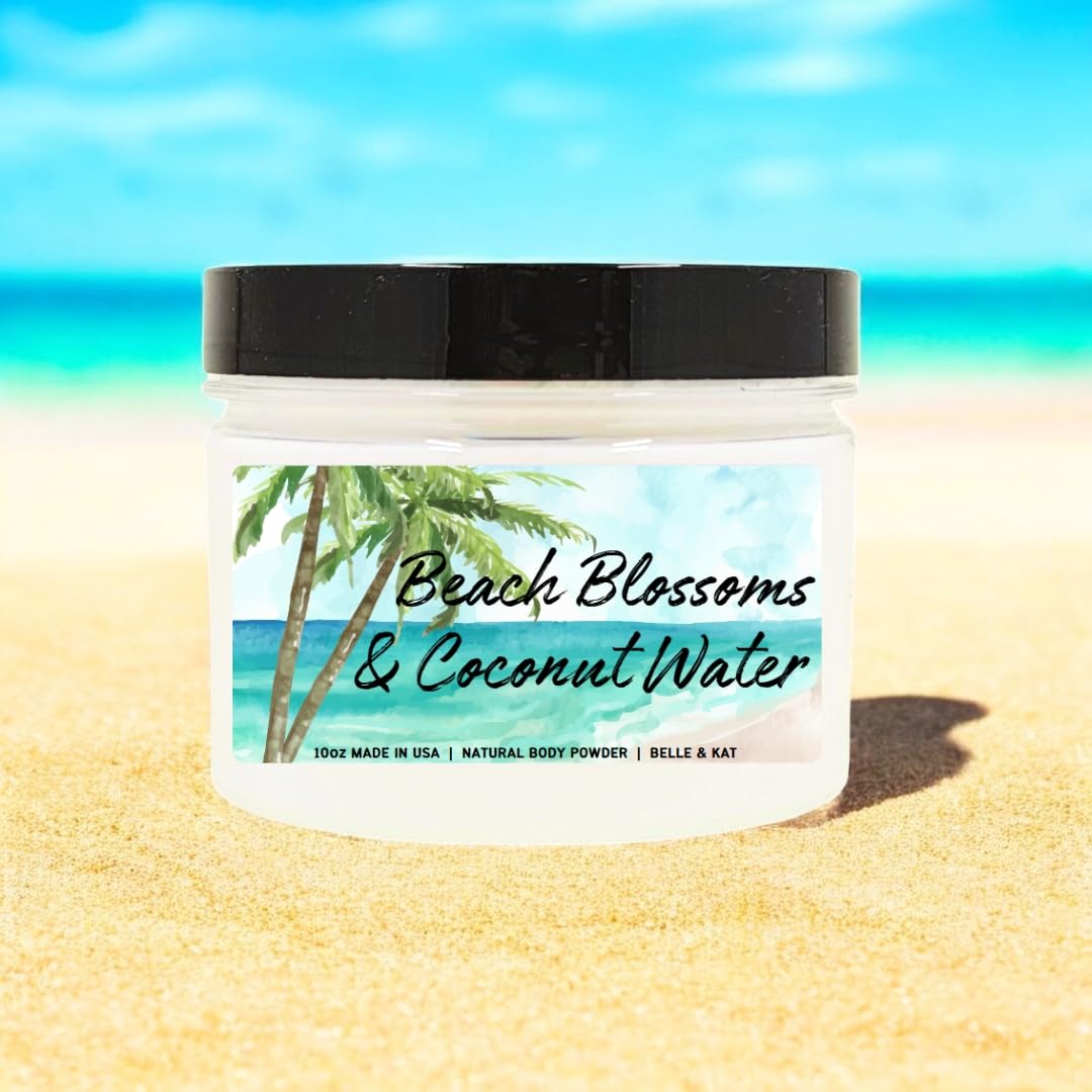 Body Powder for Women & Men Scented Beach Blossoms & Coconut Water, Perfume Dusting Powder, Bath Powder with Fragrance & Essential Oils, Talc-Free 10oz Container with Lid, Made in USA