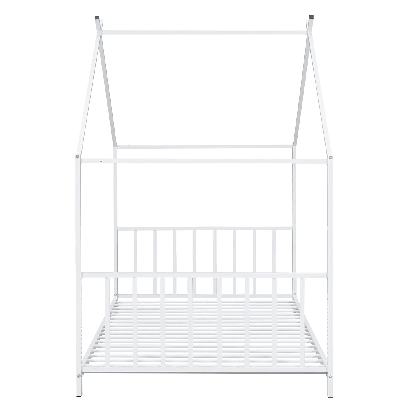 Twin Size Kids Montessori Floor Bed,House Bed Frame with High Headboard,Twin Floor Bed with Roof for Boys Girls,Floor Bed Metal Frame (White)