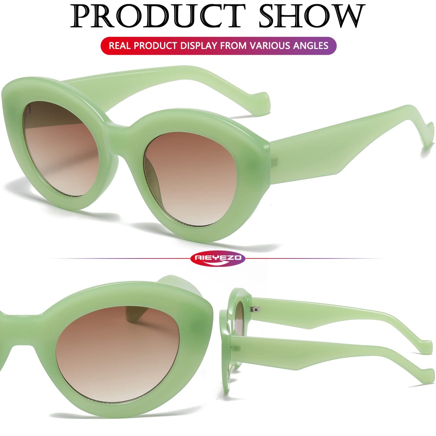 AIEYEZO Oversized Cat Eye Sunglasses for Women Cute Oval Thick Frame Cateye Sun Glasses Chic Retro Style Shades (Black + Green)