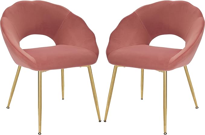 YDcosyfy Modern Small Accent Chair Set of 2, Comfy Velvet Vanity Chair with Shell Back & Golden Metal Legs, Decorative Chair no Wheels for Living Room, Makeup Room, Bedroom, Pink