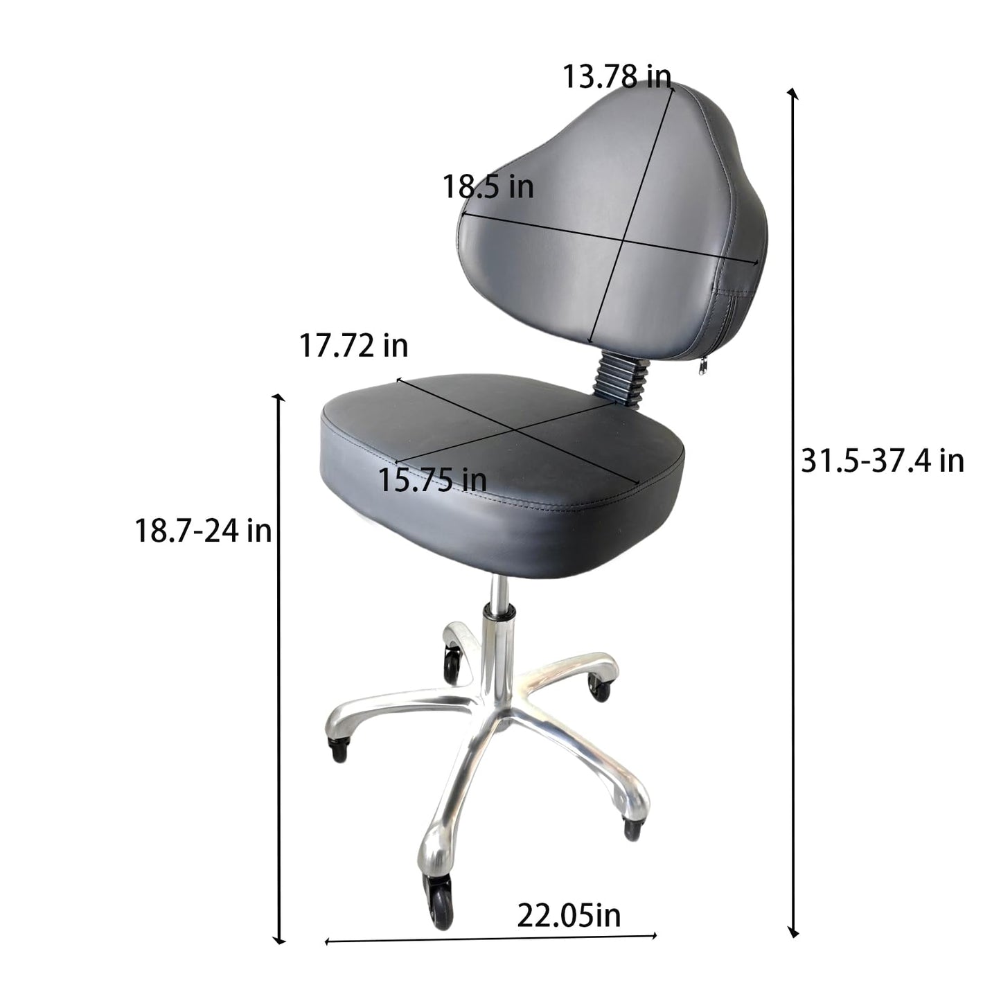 Cadiario Rolling Stool Heavy Duty Super Soft Seat Cushion 360°Swivel Supported Backrest Adjustable Height Upgraded Salon Stool Chair,Tattoo Facial Massage Spa Medical Home Office Black