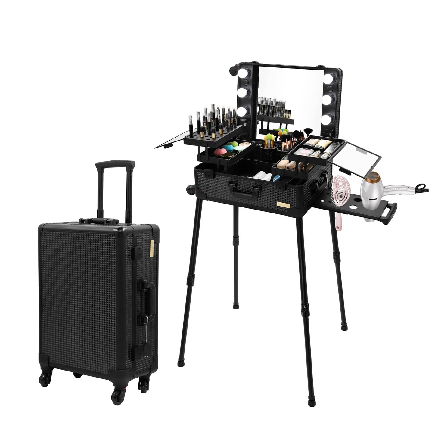 Tense Edano Aluminum Trolley Makeup Train Case with LED Lights Professional Cosmetic Organizer Studio with Speaker, Wheels and Stands Rolling Lighted Makeup Vanity Station for Travel (Black)