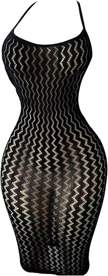 OYOANGLE Women's Fishnet Halter Bodycon Lingerie Dress Hollow Out See Through Sleeveless Chemise