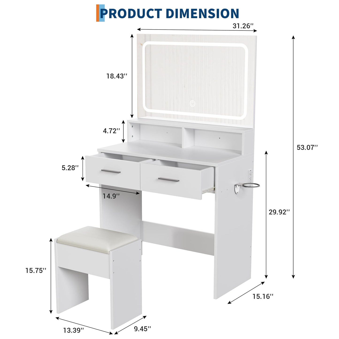 GarveeHome Vanity Desk with Mirror and Lights, 3 Color Modes Makeup Vanity with Cushioned Stool, 2 Drawers & Charging Station, Modern Dressing Table for Bedroom, Makeup Studio, White