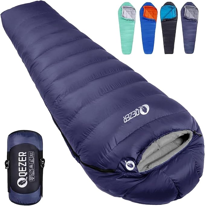 QEZER Down Sleeping Bag for Adults 0°F 10°F 15°F 20°F Backpacking Sleeping Bag for Cold Weather with Compression Sack