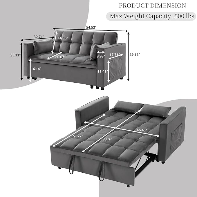 OjvZxqtbrnl Convertible Sofa Bed,3 in 1 Pull Out Couch Adjustable Backrest, Modern Velvet Upholstery Sleeper Sofa Bed, Loveseat Couch for Living Room, Bedroom & Apartments (Grey)