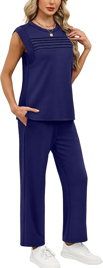 WIHOLL 2 Piece Sets for Women Summer Lounge Sets Travel Vacation Outfits Cap Sleeve Sweatsuit Side Slit Wide Leg Pants S-3XL