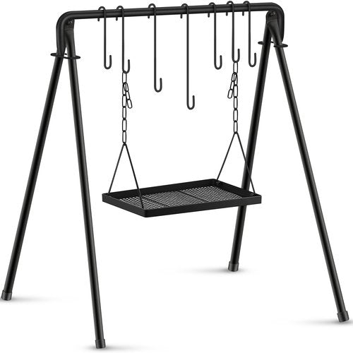 Rossesay Campfire Swing Grill Stand Adjustable Grill Cooking Stand Hanging Rack with 8 Hooks and Accessories Campfire Cooking Equipment for BBQ Picnic Outdoor Party(Normal Tray)